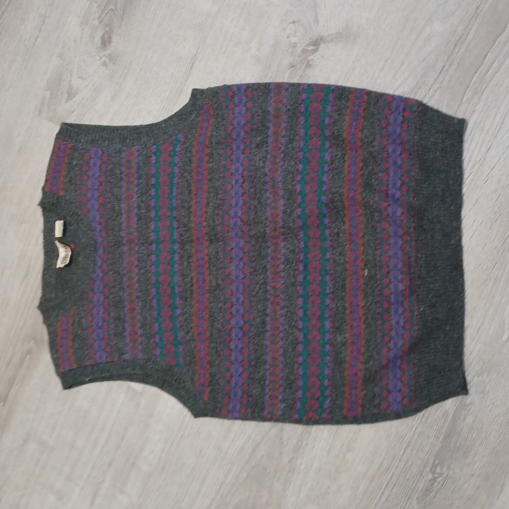 Vtg vintage grandpa knit thin crew neck vest multicolor print pattern gray large